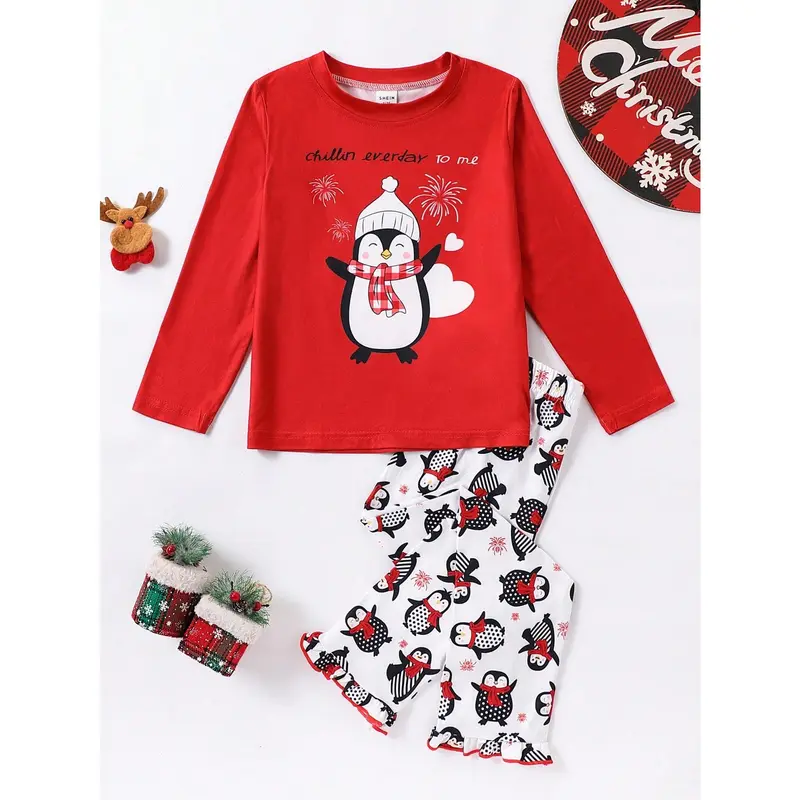 2 pcs/set young girl Minimalist firework & Penguin printed long sleeve top and pants pajama set, for Christmas 2