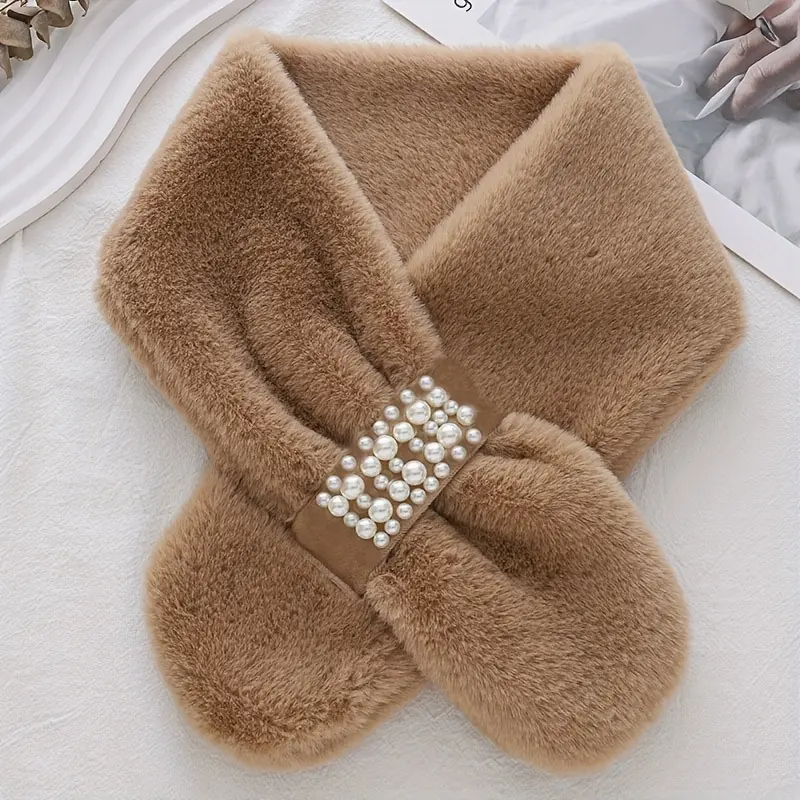 Autumn And Winter Warm Scarf Pearl Fur Neck Warm Plush Scarf Elegant Scarf Scarf Women Autumn And Winter Pearl Fur Plush Neck Imitation Rex Rabbit Fur Warm Thick Pearl Buckle Cross Versatile Christmas Valentine'S Day Holiday Gift 8