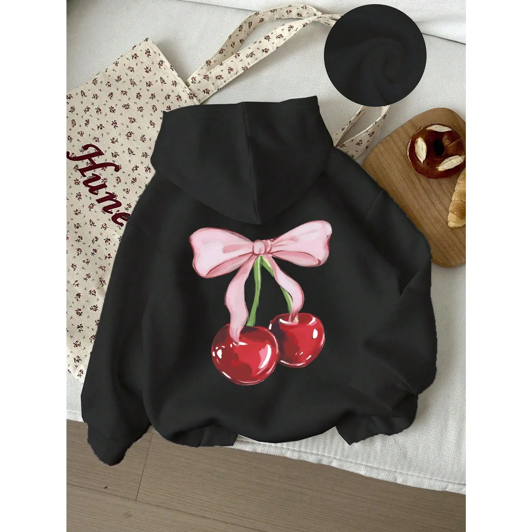 Tween Girl Casual Hooded Long Sleeve Thick Sweatshirt, Suitable For Autumn/Winter Fit Womenswear Polyester Tops Comfort Fabric Loose Pullover Black