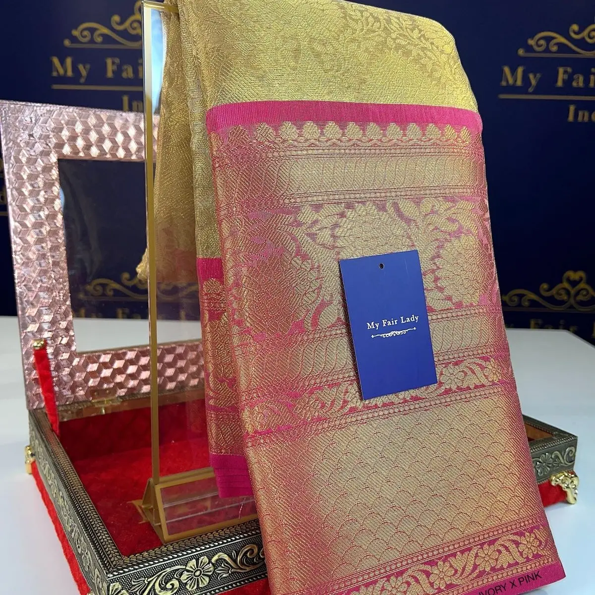 Brocade Tissue Semi -Silk Ivory x Pink Saree