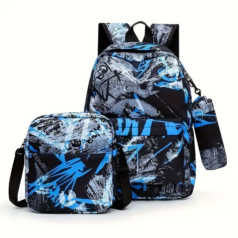 Three Pieces Set Men's Backpack With Handbag& Pencil Case, Dirt Resistant Ultra Lightweight Large Capacity Backpack For Teen Boys 0