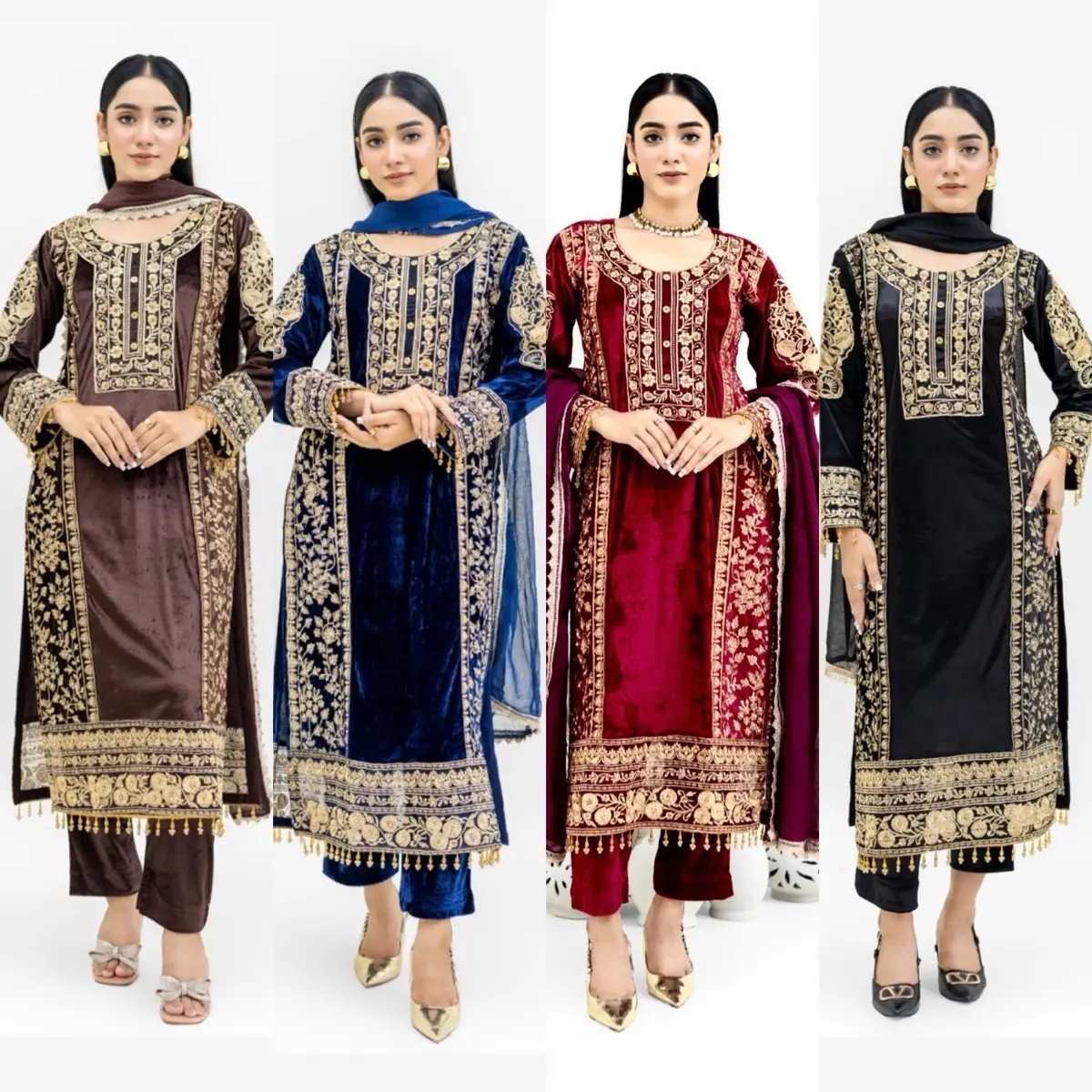 Embroidered velvet kameez with straight trousers and chiffon dupatta - Winter Collection - Womenswear