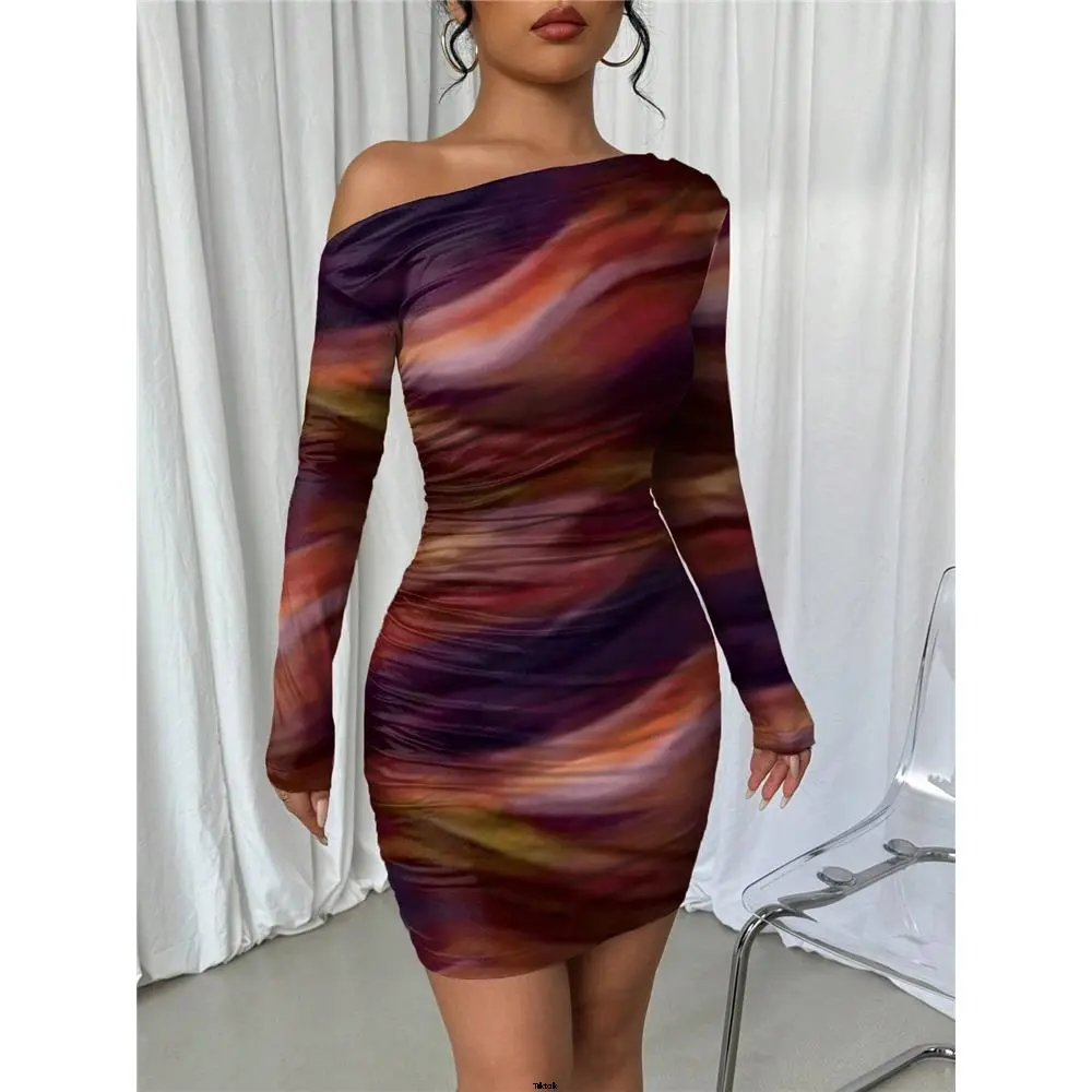 No Tie Dye Priv tiktoké Print Drape Symmetric Neck Long Sleeve Dress