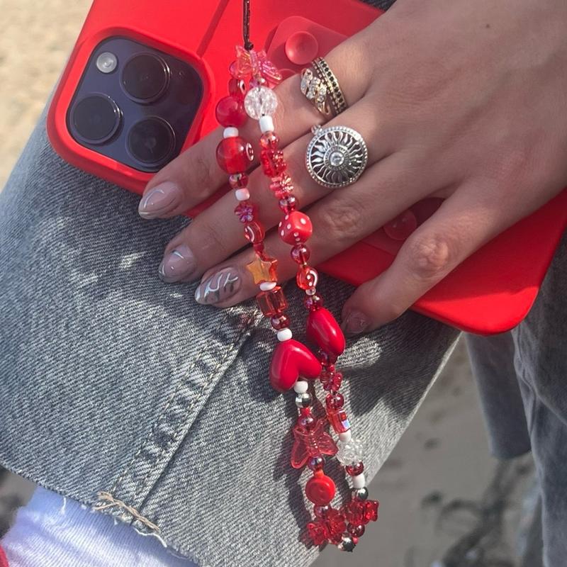 Red phone charmPhone Strap , Phone Chain ,Y2K Style Beaded Phone Charm, Phone Accessories, Phone Jewellery, Gift,handmade phonecharms Personalised iphone case straps phone  straps 1