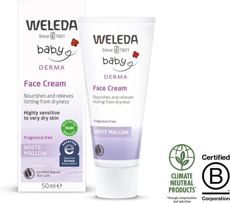 Weleda Baby Derma Face Baby Cream, White Mallow Moisturiser, Dermatologically Tested for Hypersensitive, Dry and Atopic skin, Developed by Professionals, Fragrance Free, 50ml 1
