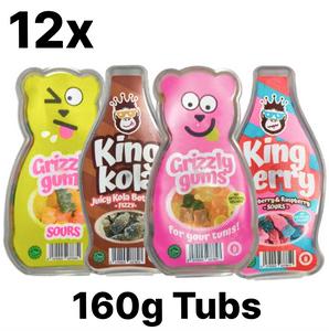 12 x 160g Mixed Tubs of Sweets - King Kola Cola Bottles, Strawberry & Raspberry Bottles, Grizzly Gumms Gummy Bears, Gummy Bear Sour - Assorted Halal Treats for All Occasions Snack Bubblegum