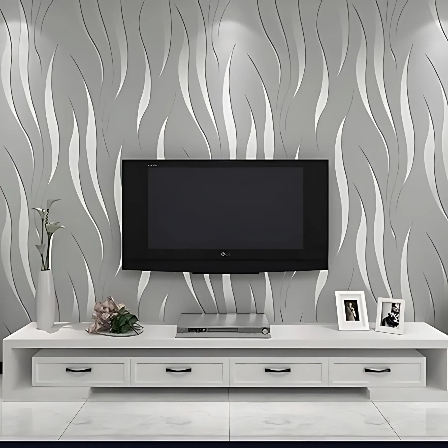 10M Textured 3D Wave Wallpaper Silver Grey Glitter Wallpaper Modern Minimalist Non-Woven 3D Abstract Curves Striped Water Plant Pattern Flocking Embossed Wallpaper Roll For Bedroom Living Room Tv Backdrop