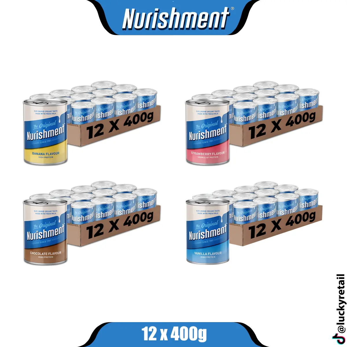 Nurishment High Protein Drink Rich in Vitamins and Minerals 12 Pack (12 x 400g) | Chocolate, Banana, Blueberry Swirl, Strawberry & Vanilla Flavour | Beverage Milk