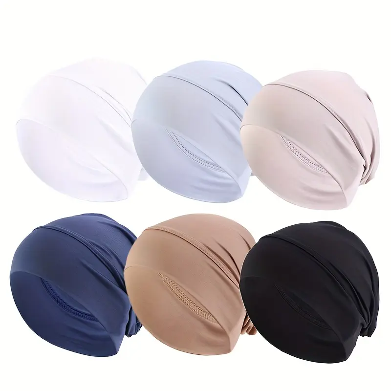 6pcs Women's Solid Color Undercap Set - Breathable Polyester Turban Hats, Lightweight & Comfortable, Stretchy Head Wraps for Ramadan & Chemo Patients, Casual Hijab Caps with Forehead Cross Design 4