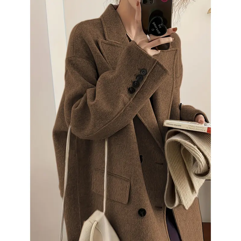 Elegant Double-Breasted Long Sleeve Mid-Length Overcoat - Wool & Blends Outerwear for Fall & Winter - Women's Stylish Lapel Collar Coat for Cold Weather 5