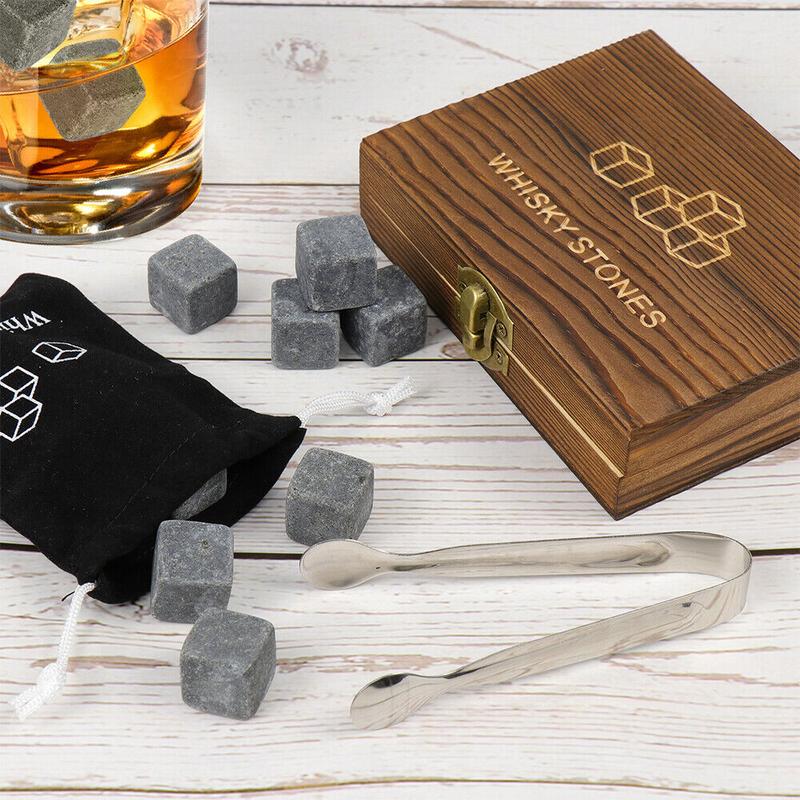 Whiskey Stones Gift Set 9 Piece Luxury Wooden Box Chilling Rocks Ice Cubes Serve Drink Reusable Utensils 3