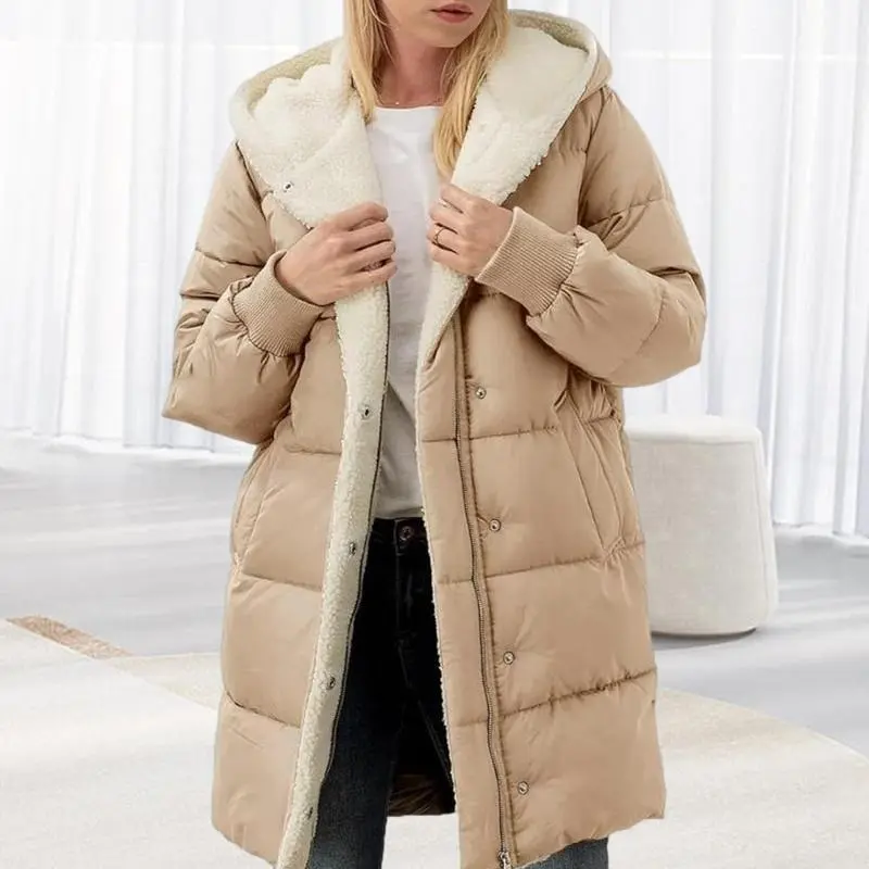 2025 Winter Women Coat Thick Fleece Lining Windproof Zipper Closure Hooded Heat Retention Cardigan Down Jacket