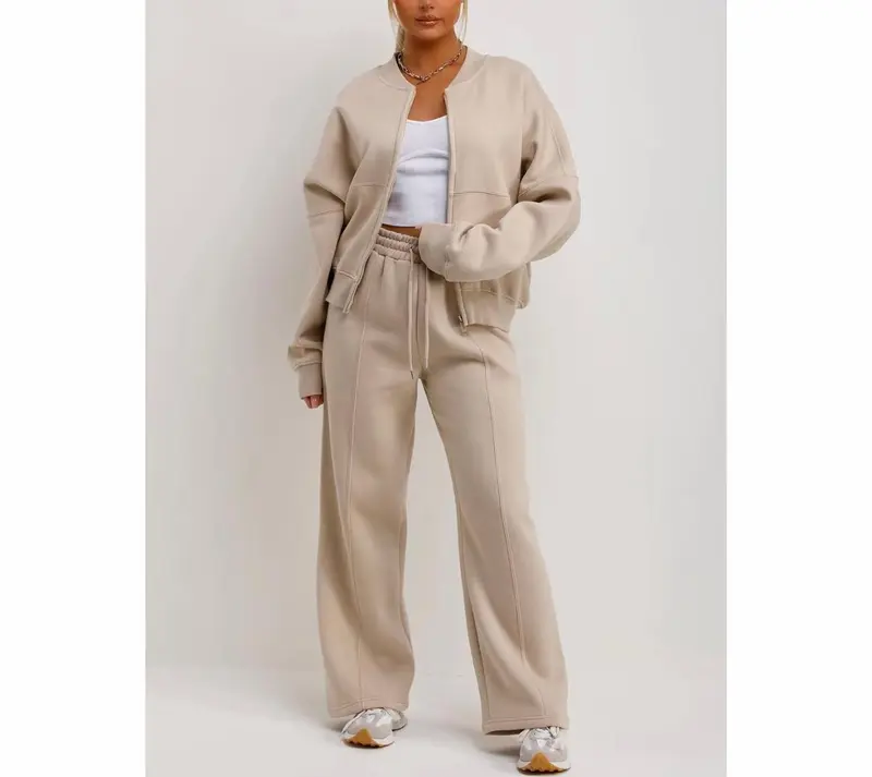 Bomber Sweatshirt With Zip And Joggers Loungewear Set Oatmeal Womenswear 4