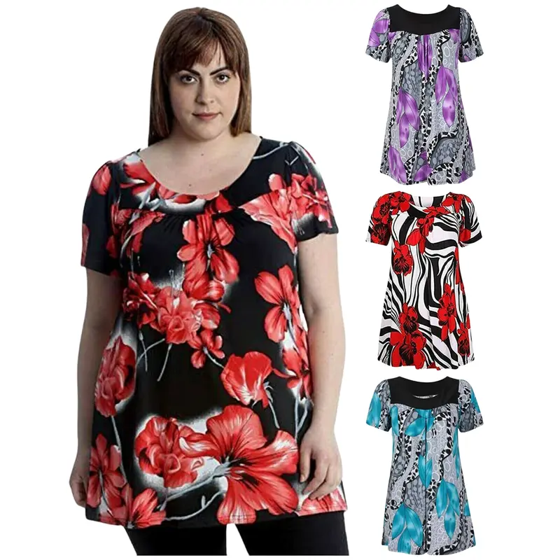 Womens Floral Print Swing Top Plus Size Ladies Fusion Paisely Print Tunic A-Line Short Sleeves Smock Dress Tunic Top 2