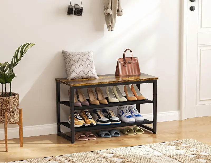Shoe Rack with Wooden Shelf, 3 Tier Shoe Storage Bench for Entryway Living Room Hallway Bedroom Organiser 2