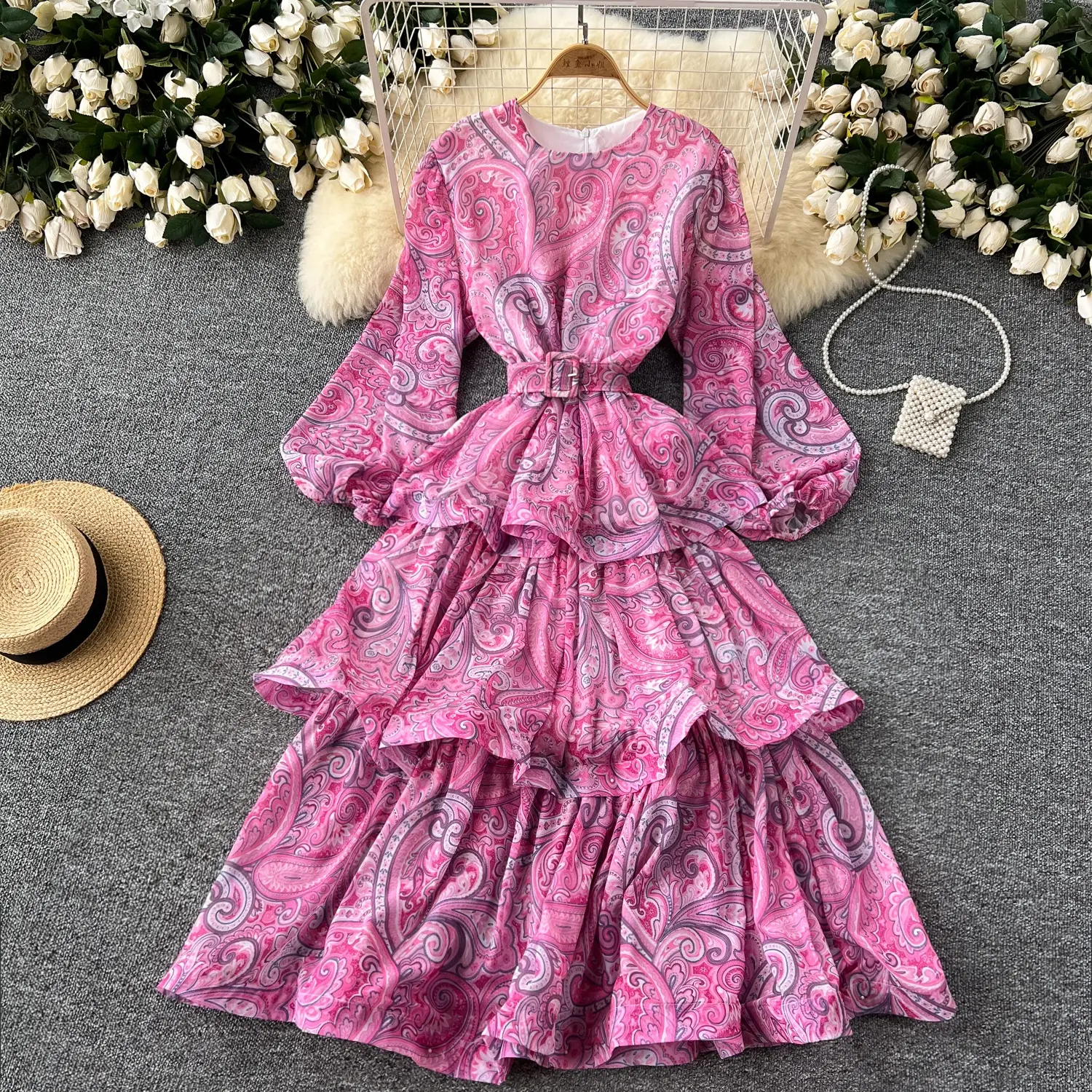 Women Premium Vintage Lantern Long Sleeve Round Neck Waisted Printed Ruffle Cake Long Dresses