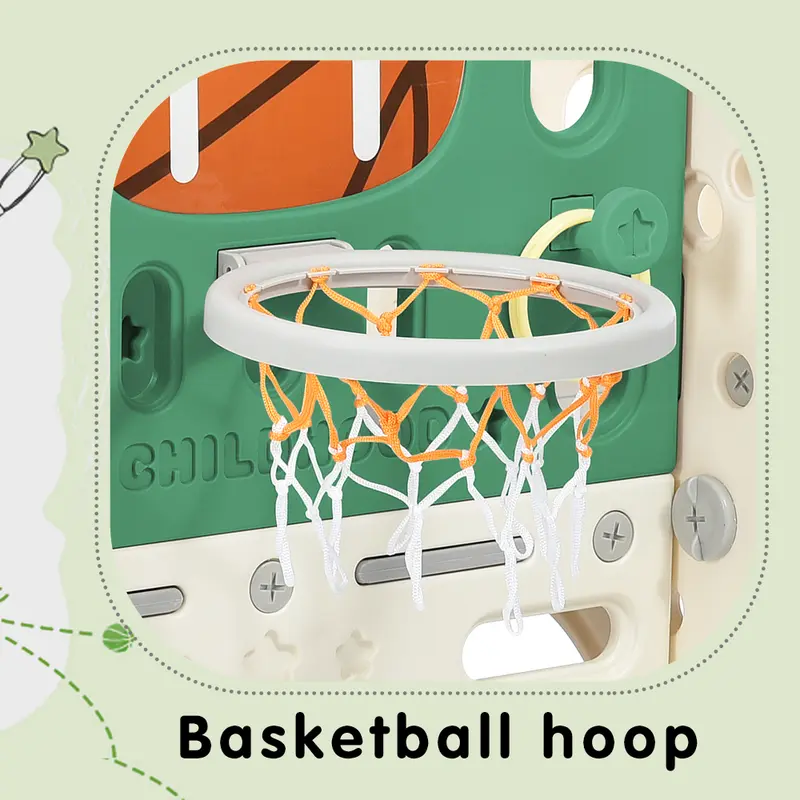 Children's combo slide, Features a long slide, storage box, tunnel. stair ladder, basketball hoop and passage area.Toddler slide. Easy Assembly and Convenient Storage. High-Quality Materials-HDPE. 4