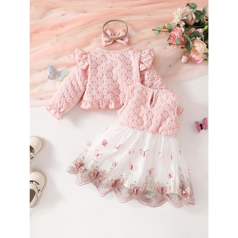 3pcs Fashion Casual Girl Butterfly Style Long Sleeve Ruffle Short Top + Sleeveless Mesh Butterfly Dress + Bow Hair Tie 5