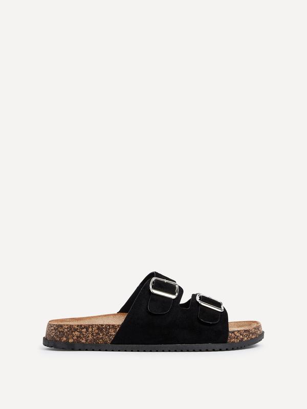 ECHO Black Faux Suede Double Buckle Footbed Sandal 2