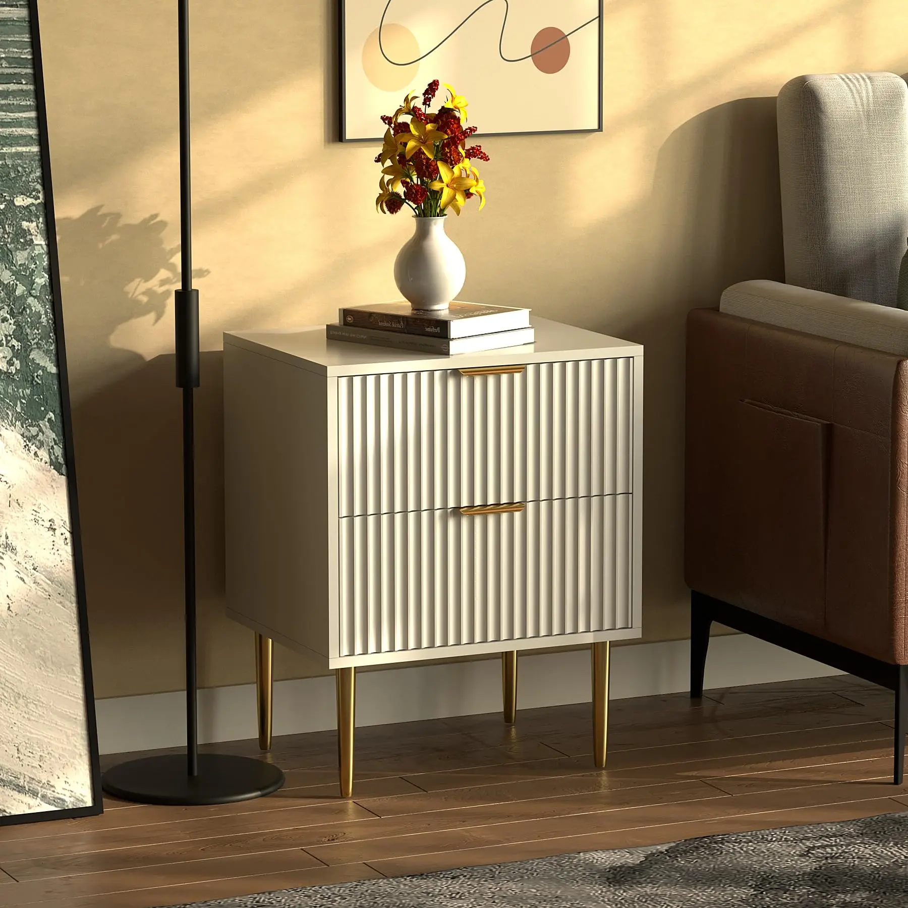 HYGRAD® Luxury Bedside Table White With 2 Drawers Bedroom Nightstand Side Table Chest Gold Handles & Gold Legs Solid Wood Bedroom Storage Side Table