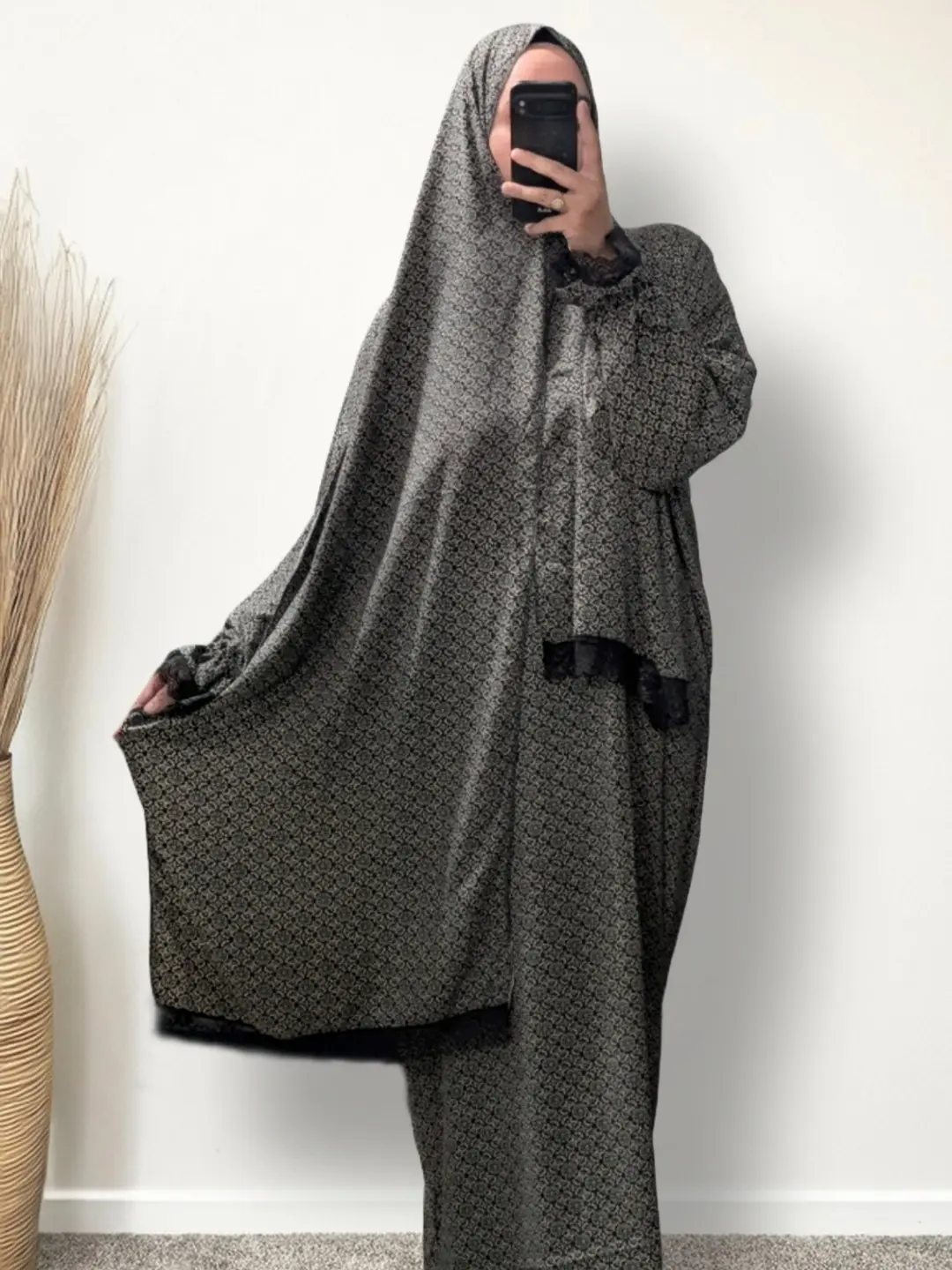 Green Pattern Floral Prayer Abaya with Pockets, Custom Attached Scarf & Tailored Length Option - Ookti Handmade Modest Muslim Women Clothing