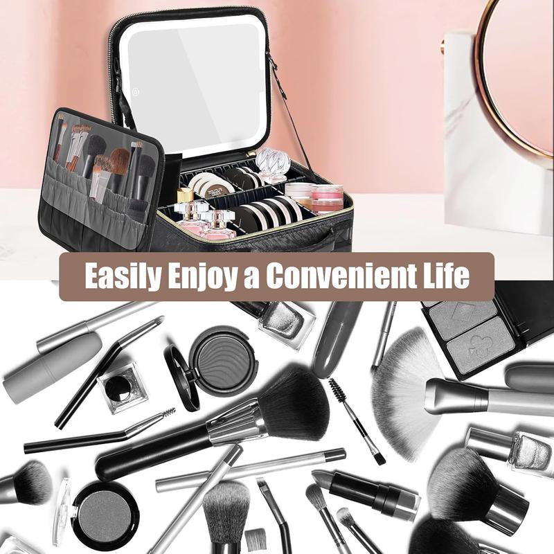 GleamVue Travel Makeup Bag with LED Mirror - Christmas Gift for Women - Suitable for Travel - Detachable Vanity Mirror with Lights - Tri-light Dimmable, Makeup Case with Adjustable Dividers and Brush Holder - Cosmetic Organizer Storage Box 5