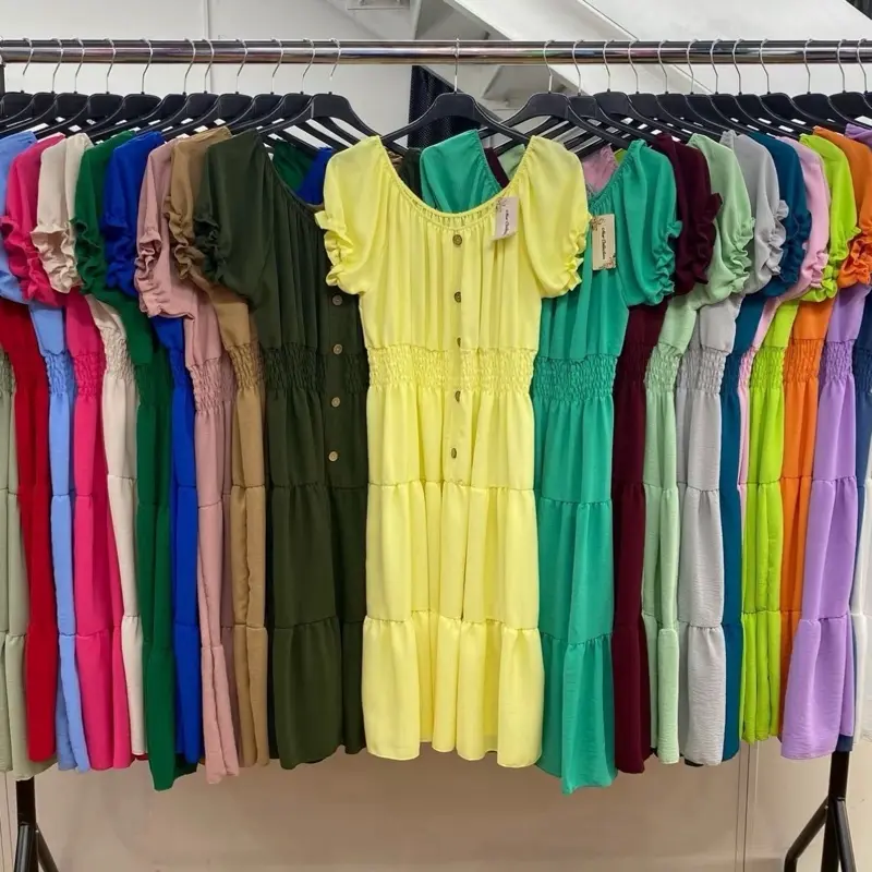 Women's Elasticated Bardot Off Shoulder Button Magic Dress Ladies Short Cuffed Sleeve Chiffon Longline Frill Layered Shirred Slinky Stretch Elasticated Waist Summer Holiday Casual Tiered Midi Dress Womenswear Comfort Chic