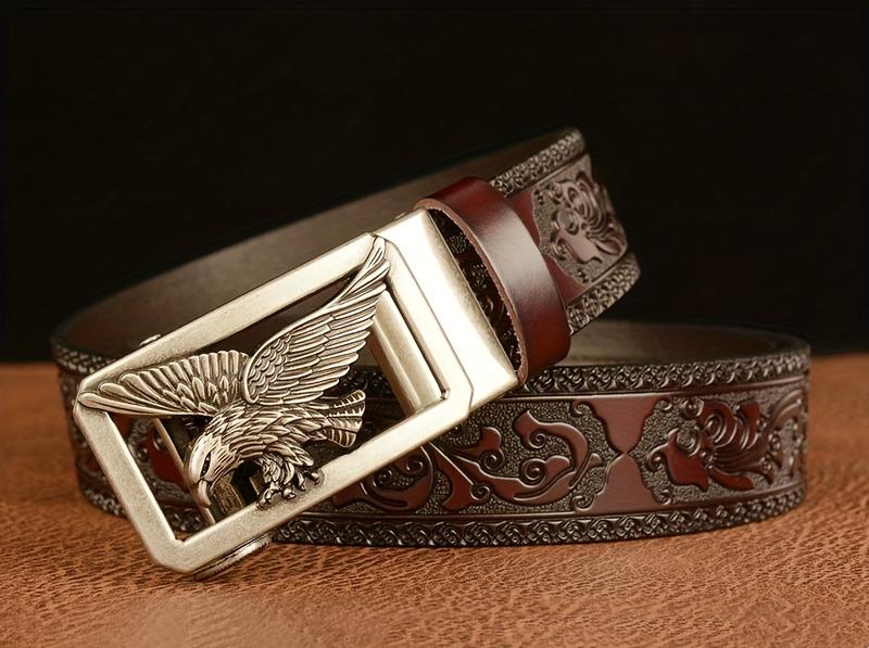 Product Introduction of 1PC Carved Cowhide Men's Autobuckle Belt, Vintage Style, Suitable for Casual & Business Wear, Great Gift for Husband and Father 11
