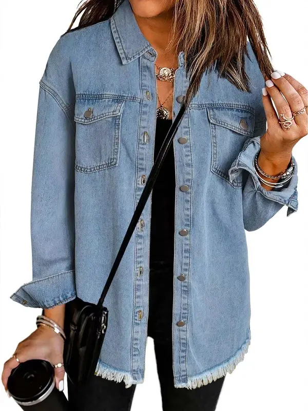 Women’s Oversized Button Up Frayed Hem Shacket Long Sleeve Pockets Denim Jean Jacket Womenswear Coats Comfort Casual Outerwear Fitted 1