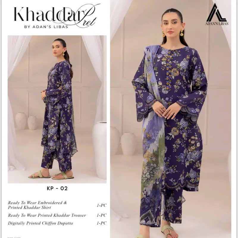 Khaddar 3 Piece Suit with Chiffon Dupatta - Ready to Wear Casual Dress for Women 0