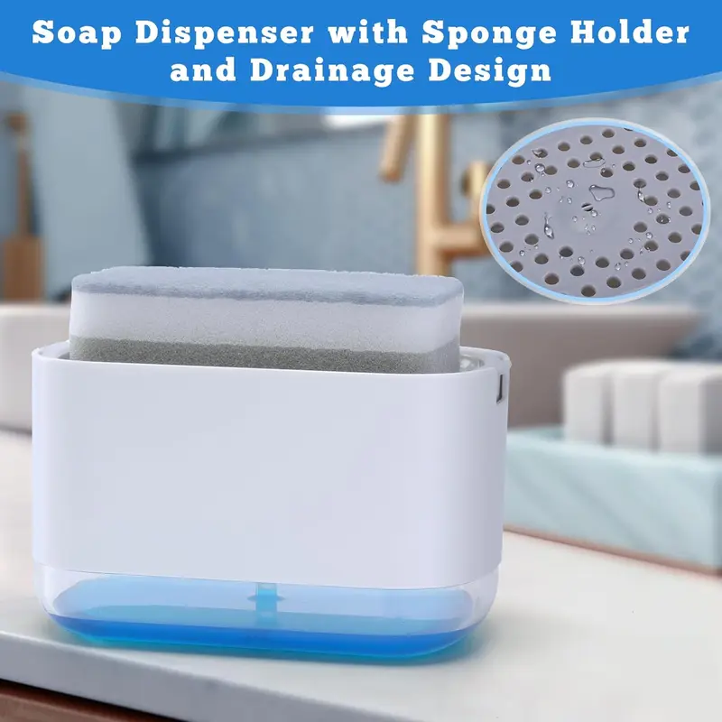 2 in 1 Liquid Soap Dispenser, Kitchen Dish Soap Dispenser with Sponge Holder, Dishwashing Soap Pump 3