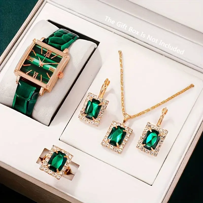 Vintage Square Pointer Quartz Watch with Green Analog Dial and Rhinestone Jewelry Set - Gift for Her