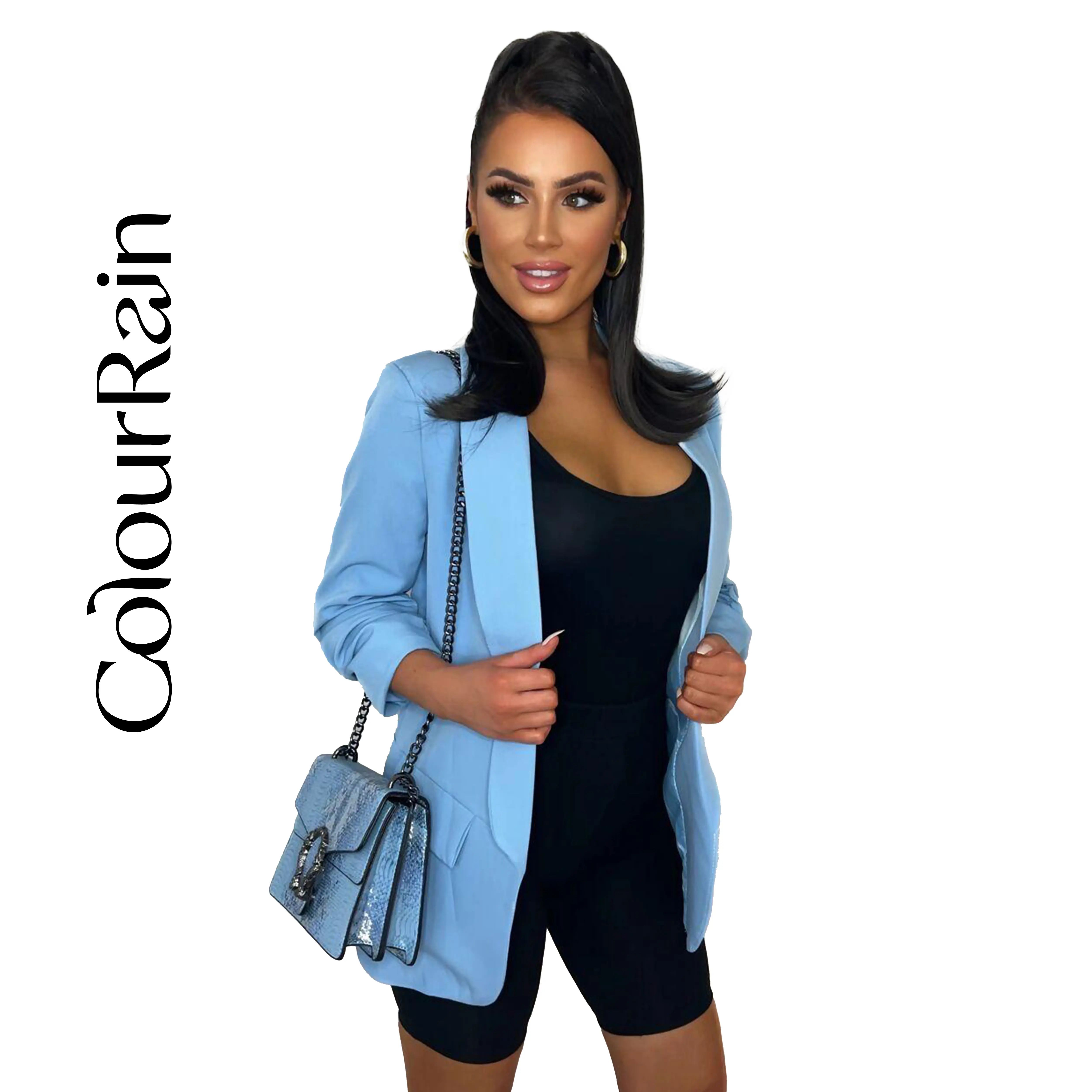 ColourRain Women's Ruched Sleeve Lined Blazer Collared Casual Formal Jacket Top for Daily or Work Wear