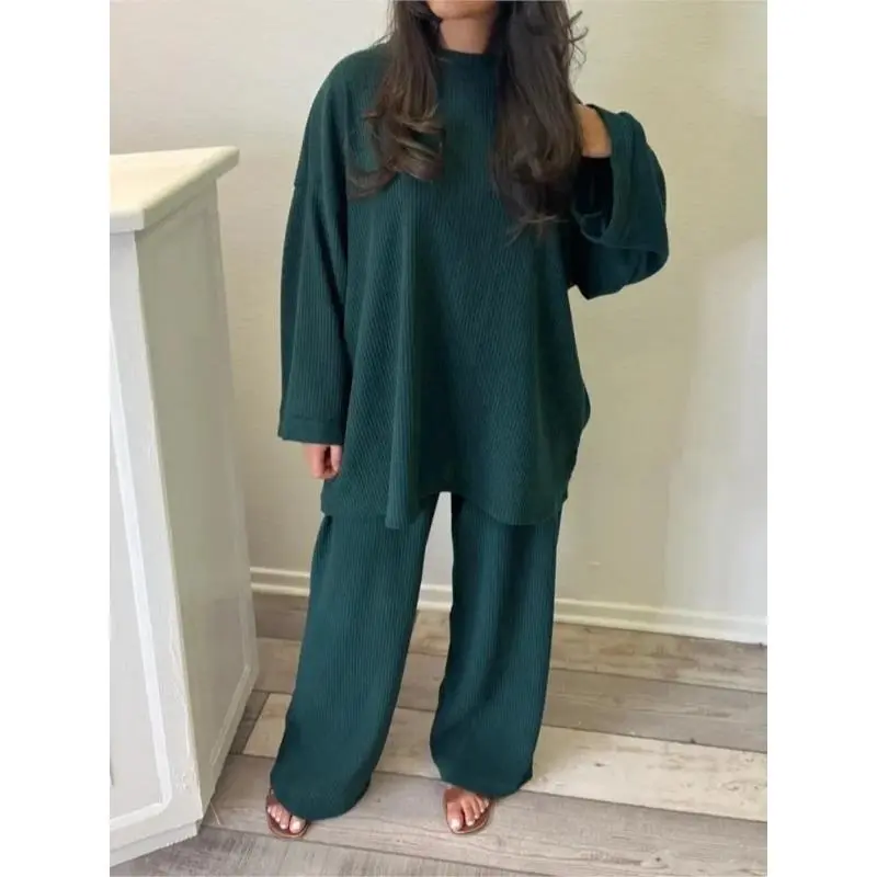 Autumn Winter Solid Color Corduroy Pants Sets Women Loose Long Sleeve Wide Legs Trousers Two Piece Set Female Commuting Clothing Womenswear Overalls Suits Underwear Gamis Comfort 3