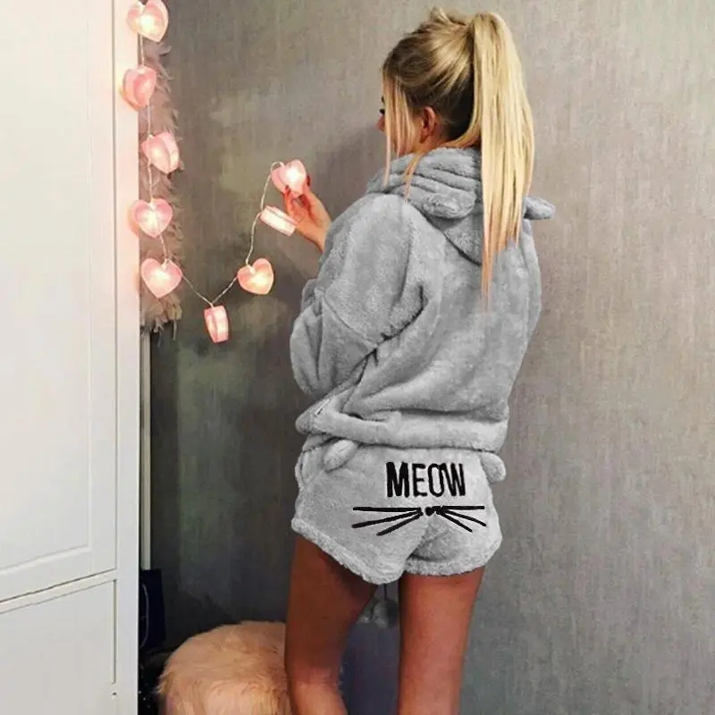 Women Coral Velvet Pajamas Set Autumn Winter Warm Pajamas Two Piece Set Sleepwear Cute Cat Meow Pattern Hoodies Shorts Set Loungewear Womenswear 2