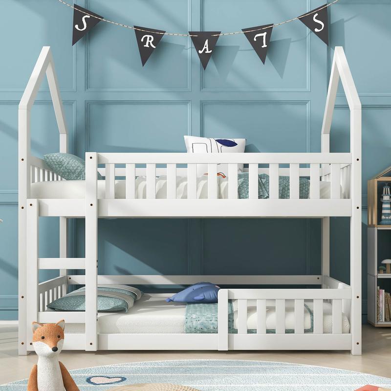 BTM Luxury UK New Bunk Bed Twin Sleeper Bed with Ladder, Solid Wood Frame 3FT Single bed, Gaming Bed, Castle-shaped Bed 90 x 190 cm Children's Bed room Furniture, Wooden Bed Frame for Kids Children 1