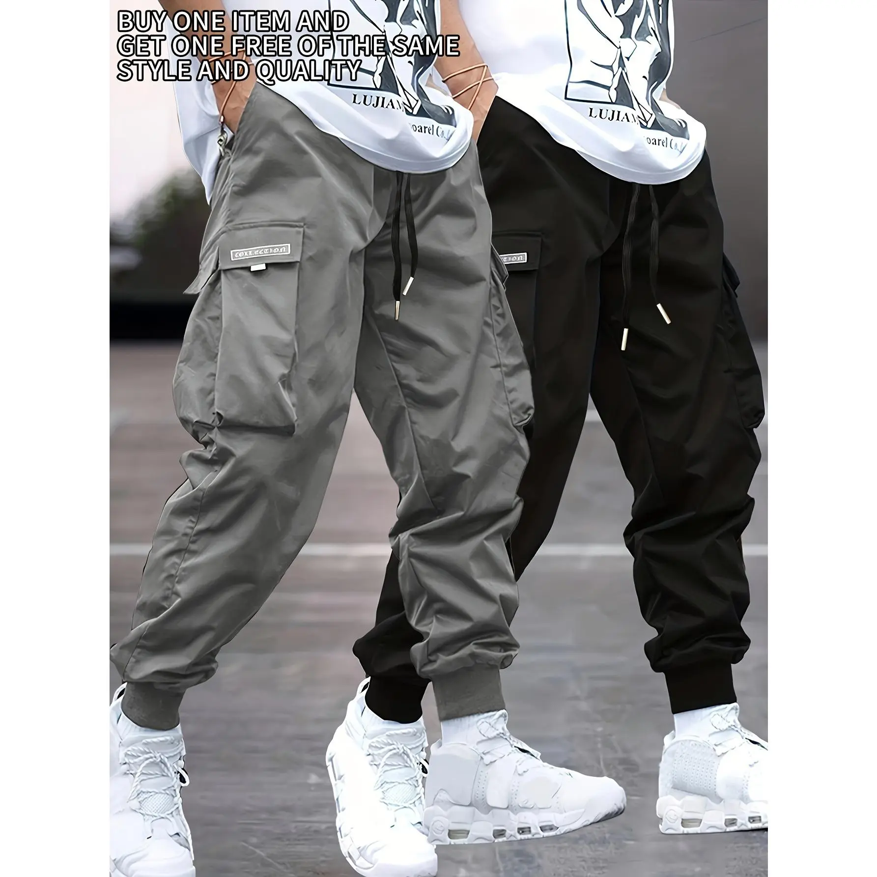 Buy One Get One For Free, Solid Color Cargo Pants, Men's Casual Stylish All-season Outdoor Trousers Menswear Pocket Beige Plain Black+Black