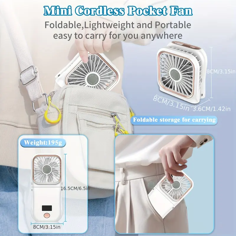 3000mAh USB Rechargeable Portable Handheld Mini Fan with Digital Display, 180° Adjustable, 3-Speed, Ultra-Thin Folding Neck Design for Personal Cooling, Travel, Sports 7