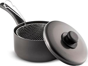 Non-Stick Chip Pan with Basket 22cm- Non Stick Deep Fryer Chip Pan - Large Durable Pan with Plastic Handles and Lid for Kitchen, Cooking, Potato Chips Utensils