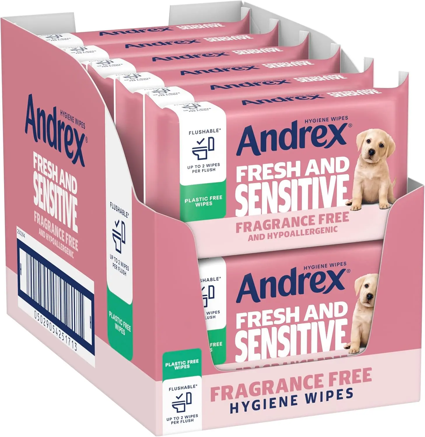 Andrex Fresh & Sensitive Hygiene Wipes, 12 Pack; Moist Toilet Tissue, Hypoallergenic and Fragrance Free Wet Wipes for Sensitive Skin, Flushable, 30 Sheets, (Pack of 12) Napkin