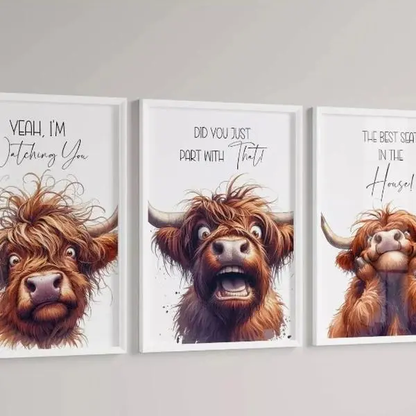 Bathroom prints Wall Art x 3 Print Set, A4 Unframed Poster - Decor, Gift highland cow