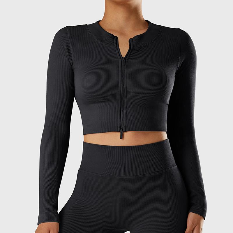 Mooslover UK Women's Ribbed  Running Sports Jacket Yoga Long Sleeve Full Zip Gym Tops 3