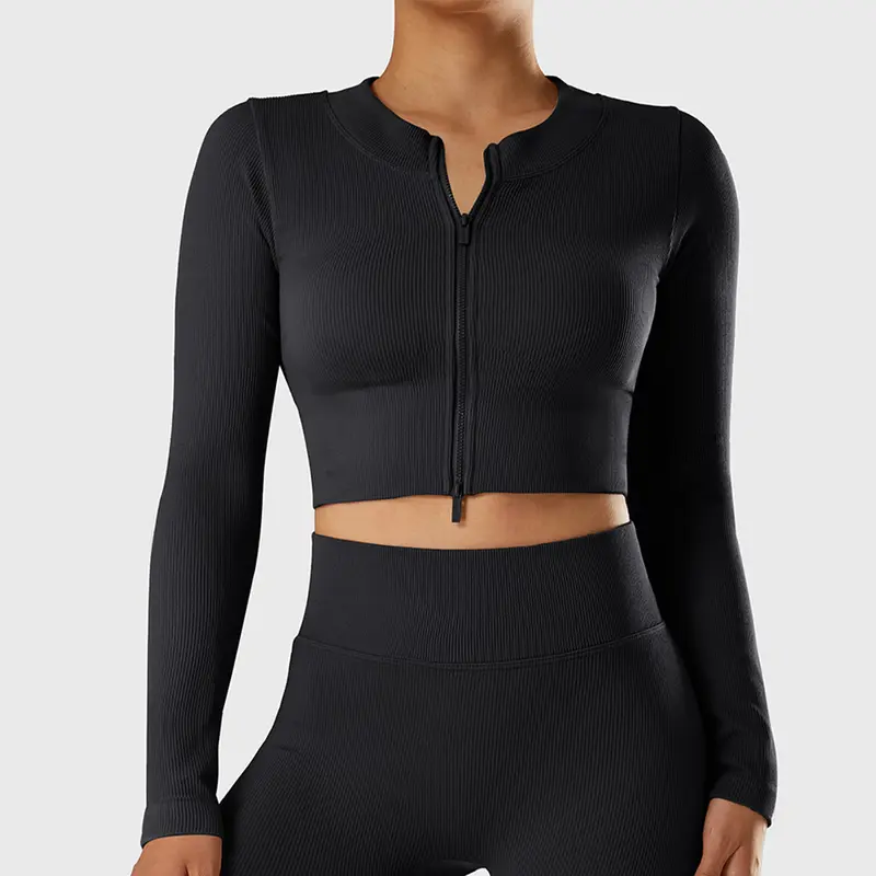 Mooslover UK Women's Ribbed  Running Sports Jacket Yoga Long Sleeve Full Zip Gym Tops 3