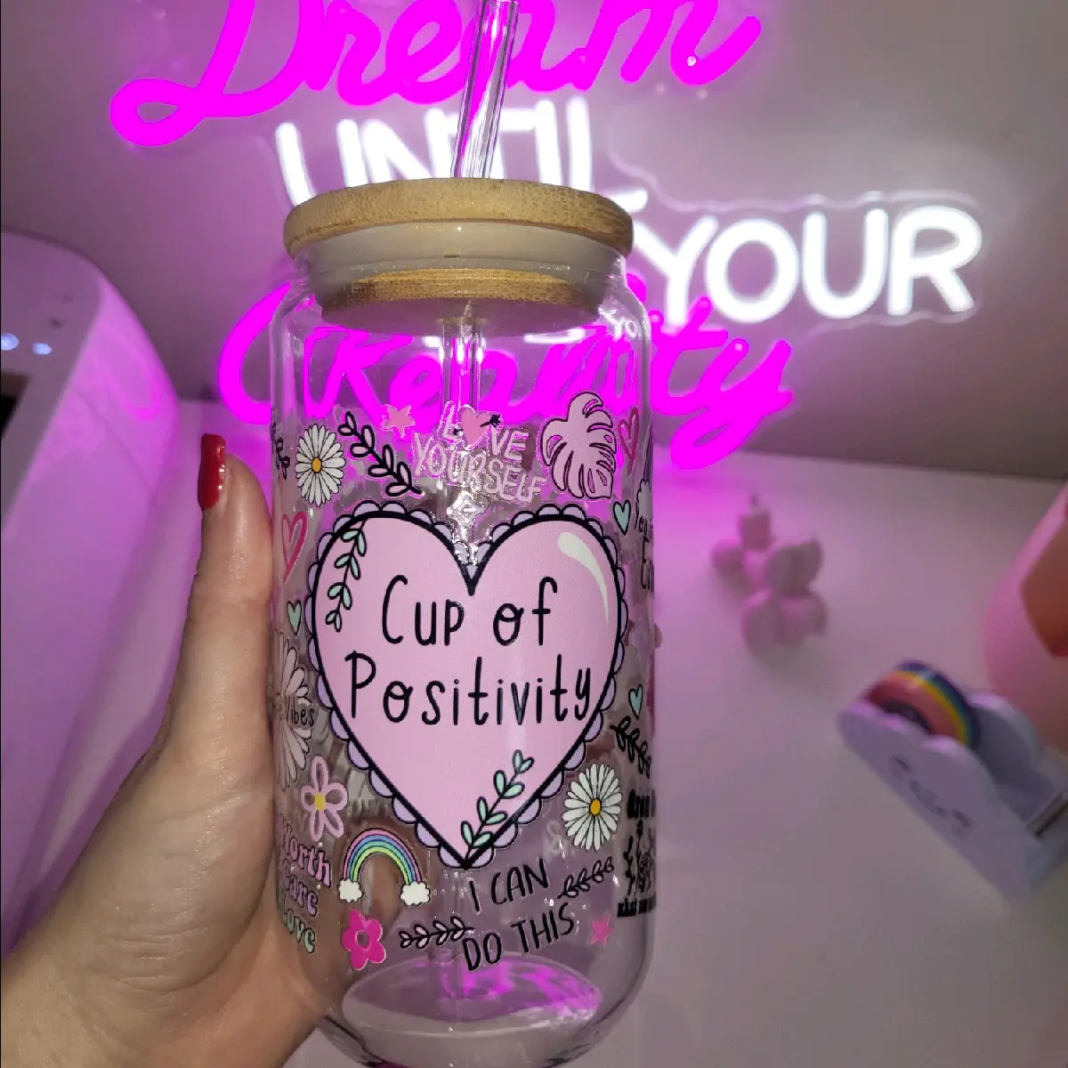 Cup Of Positivity Libbey Glass With Straw 16oz