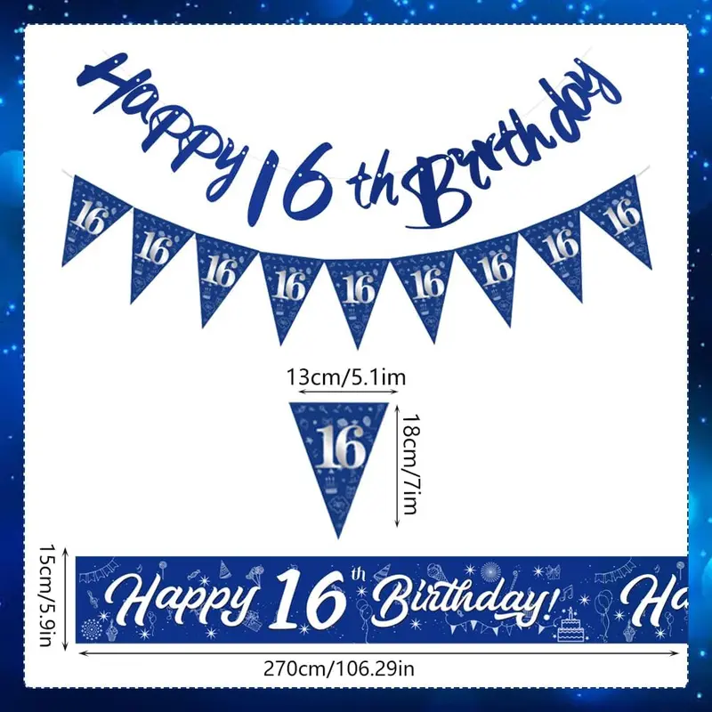 16th Birthday Decorations For Boys,16th Birthday Banners Navy Blue Silver for Him, Happy Birthday Party Decoration,Birthday 9ft Banner Bunting Sash Confetti Latex Balloons Triangle Flags Cake Toppers 3