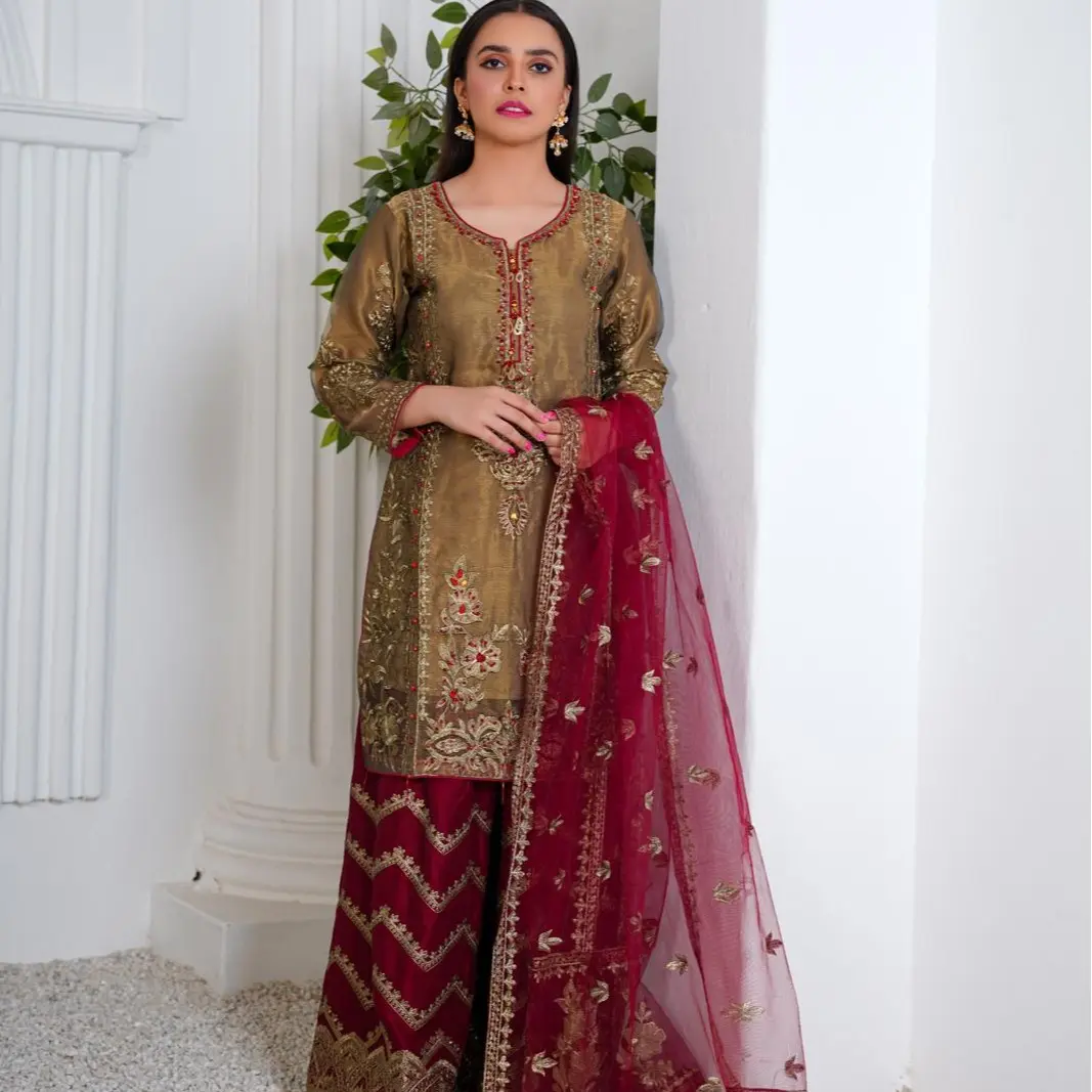 | PD-1000-1 | 3 Piece Ready To Wear Masoori Embroidered Short Dress With Plazo By Pehnawa Fashion -Green