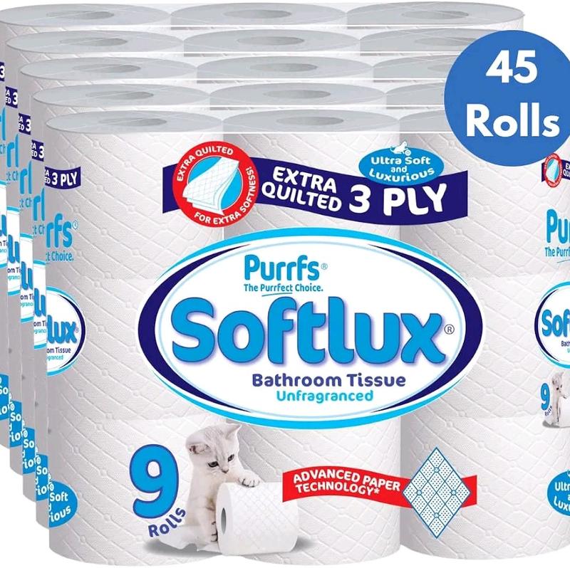 Softlux Purrfs 3ply Bathroom Luxury Quilted Toilet Rolls - 45 Rolls (5*9pk) Non Scented Tissue - Pack, Wipe 0