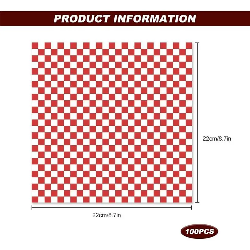 Greaseproof Paper Sheets, 100 Pcs Food Burger Wrap Paper Grease Proof Fish and Chip Burger Sandwich Wrapping Sheets Red Printed Bakeware Classic 1