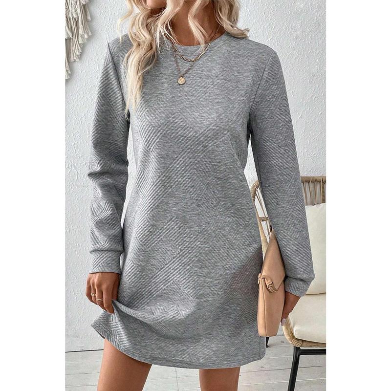 Gray Solid Color Textured Long Sleeve Shift Dress 5
