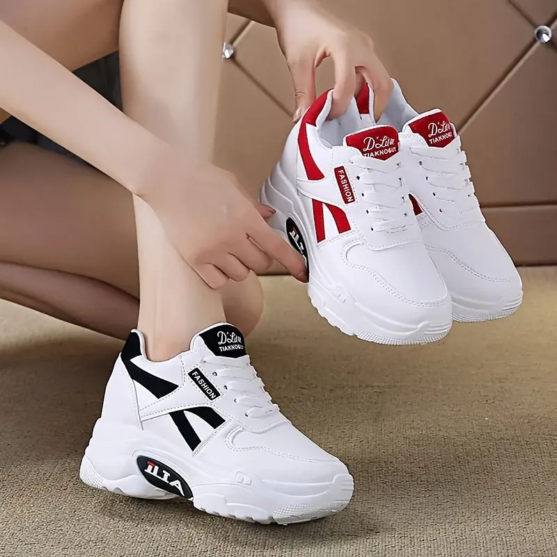Women's Casual Dad Sneakers - White with Red Accents, Thick 8cm Sole, Lace-Up, All-Season Versatile Height Increase Shoes, Casual Footwear|Chunky Sole Sneakers|Durable Rubber Sole